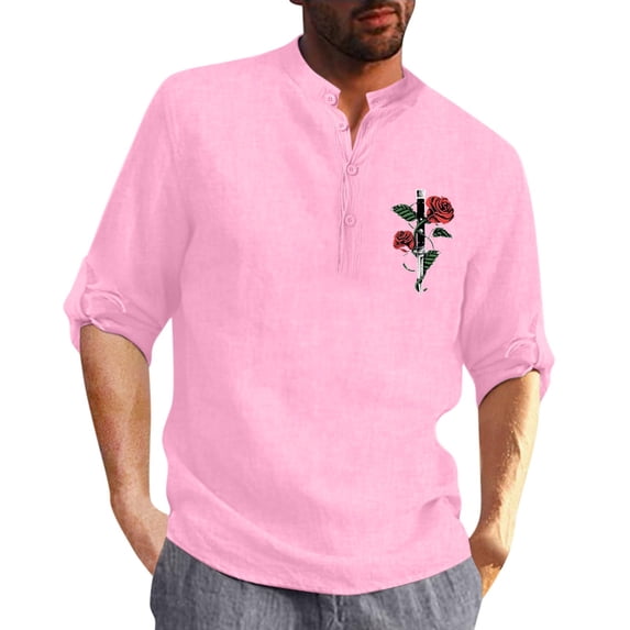 HIBRO Men Shirt Collar Cotton Linen Print Fashion Top Blouse Loose Long Sleeve Button Top Shirt