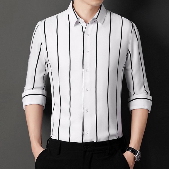 HIBRO Mens Fashion Casual Simplicity Korean Slim Striped Lapel Long Sleeve Shirt Top