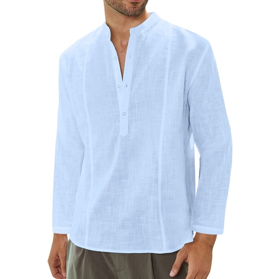 HIBRO Mens Fashion Casual Solid Color Button Cotton Linen Shirt Long Sleeve Jacket Top Blouse