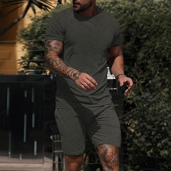 HIBRO Mens Spring And Summer Leisure Sports Comfortable Breathable Sweat Absorbing Short Sleeved Shorts Two Piece Set