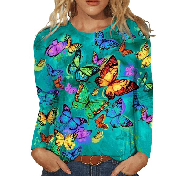 HIBRO Printed Shirt For Womens Casual Autumn Winter Long Sleeves Tops Round Neck Tee Tunic Flower Loose Side Blouse