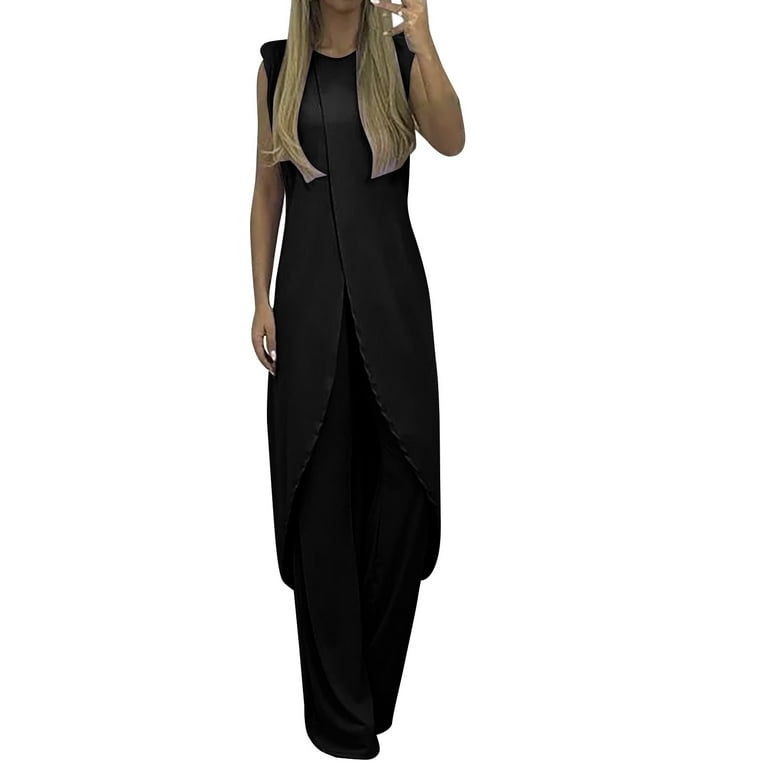 HIBRO Wedding Pant Suits for Women Dressy 7 Colors Mature Women Suit Suit For Women Summer Slit Sleeveless Loose Blouse And Wide Leg Pants Set