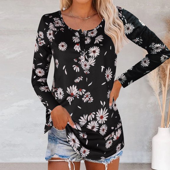 HIBRO Women Autumn Top Long Sleeve Printed Button Pullover Round Neck T Shirt Top