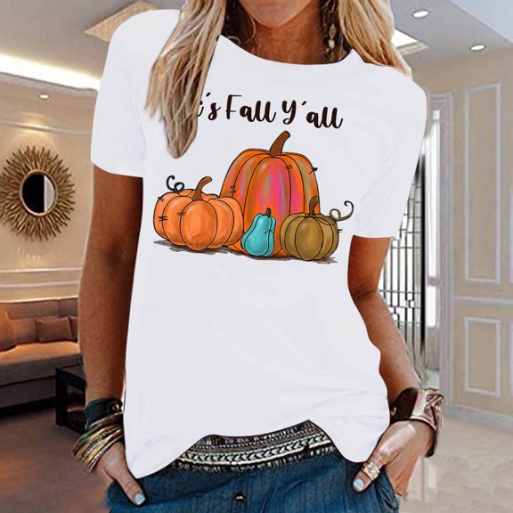 HIBRO Women Casual Fall Printing Short Sleeve Tops Blouse Round Neck Casual Tee Tunic Shirts