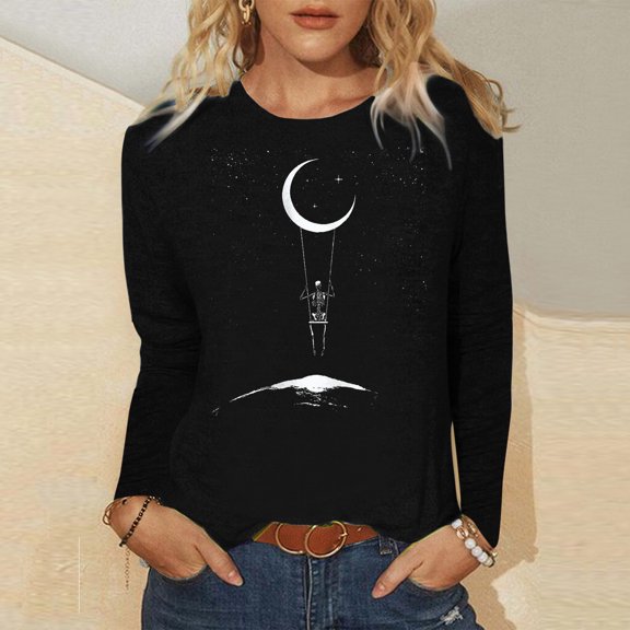 HIBRO Women Casual Letters Printing Daily Shirts Round Neck Long Sleeve T Shirt Loose Tee Tops Tunic Blouse