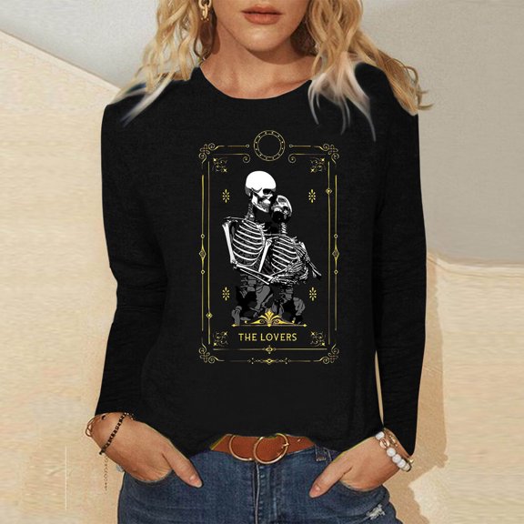 HIBRO Women Casual Printing Daily Shirts Round Neck Long Sleeve T Shirt Loose Tee Tops Tunic Blouse