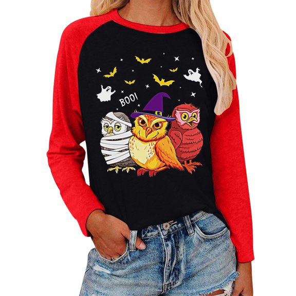 HIBRO Women Casual Printing Raglan Long Sleeve Tops Blouse Round Neck Casual Tee Tunic Shirts