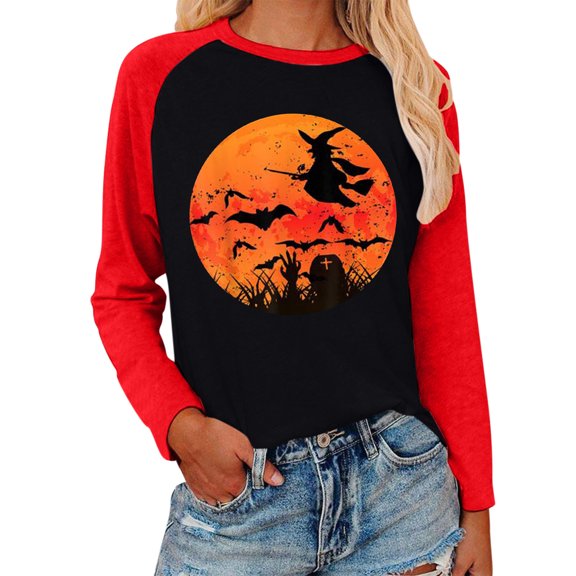 HIBRO Women Casual Printing Raglan Long Sleeve Tops Blouse Round Neck Casual Tee Tunic Shirts