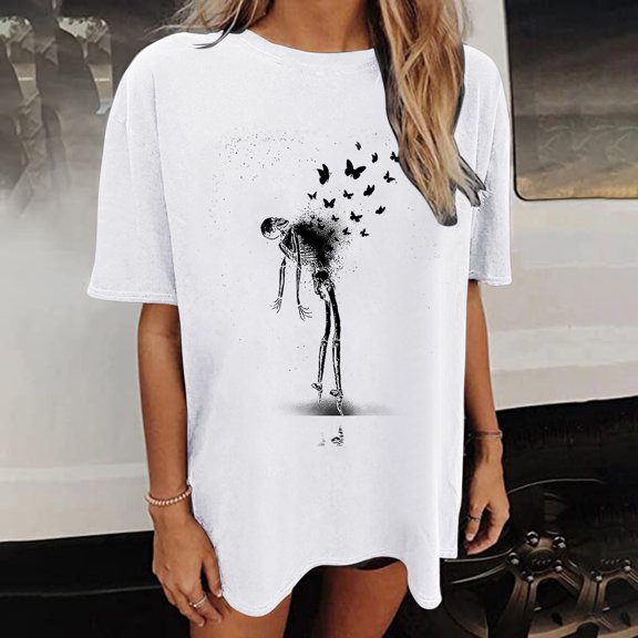 HIBRO Women Casual Printing Short Sleeve Tops Blouse Round Neck Casual Tee Tunic Shirts