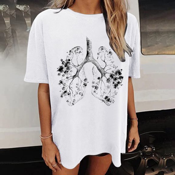 HIBRO Women Casual Printing Short Sleeve Tops Blouse Round Neck Casual Tee Tunic Shirts
