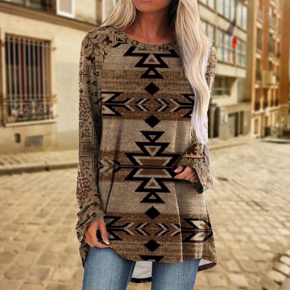 HIBRO Women Casual Round Neck Shirt Long Sleeve Ethnic Print Blouse Long T Shirt Top