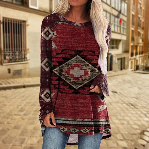 HIBRO Women Casual Round Neck Shirt Long Sleeve Ethnic Print Blouse Long T Shirt Top
