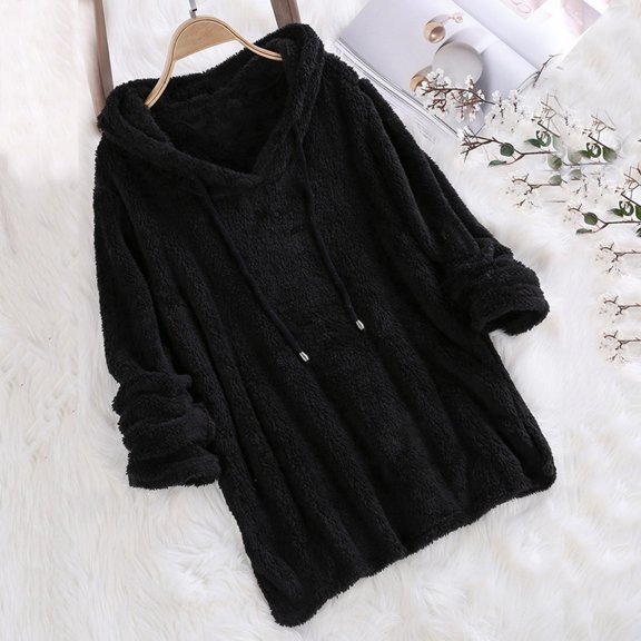 HIBRO Women Casual Solid Plush Hooded Long Sleeve Sweatshirts Blouse Tops