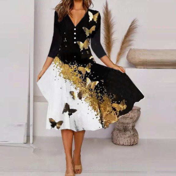 HIBRO Women Fashion And Elegant Leisure Positioning Prints Round Neck Long Sleeve Dress
