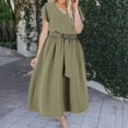 thumbnail image 1 of HIBRO Women Fashion Elegant V Neck Solid Color Swing Dress Loose Belt Waist Plus Size Dress, 1 of 5