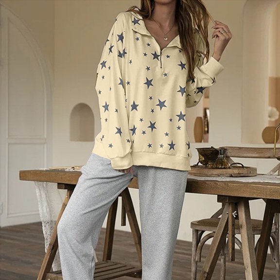 HIBRO Women Top Casual Comfort Star Print Long Sleeve Top