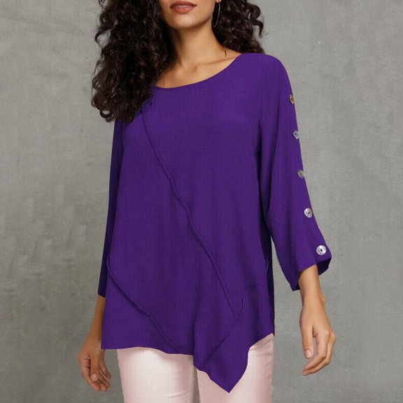 HIBRO Womens Crew Neck Top Casual Spring Autumn Long Sleeve Solid Color Button Chiffon Top
