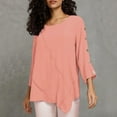thumbnail image 1 of HIBRO Womens Crew Neck Top Casual Spring Autumn Long Sleeve Solid Color Button Chiffon Top, 1 of 5