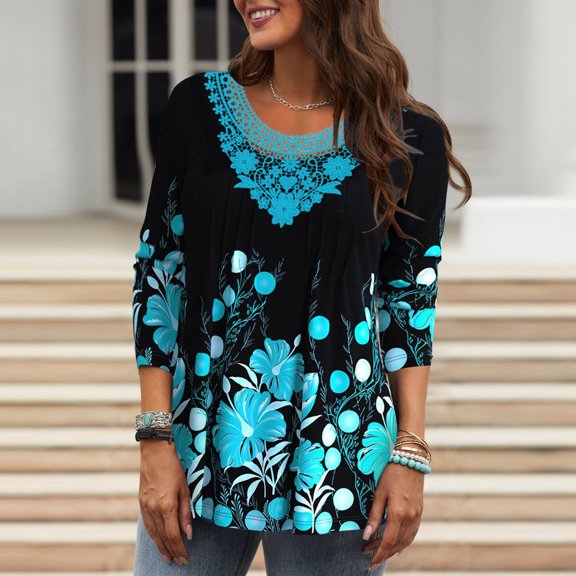 HIBRO Womens Daily Summer Print O Neck Tops Three Quarter Sleeve Round Neck Tee Shirt Printed Flower Loose Side Split Blouse Tunic