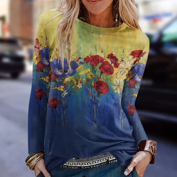 HIBRO Womens Long Sleeve Tops Casual Blouse Crew Neck Shirts Tunic Basic Floral Printed Tee Shirts
