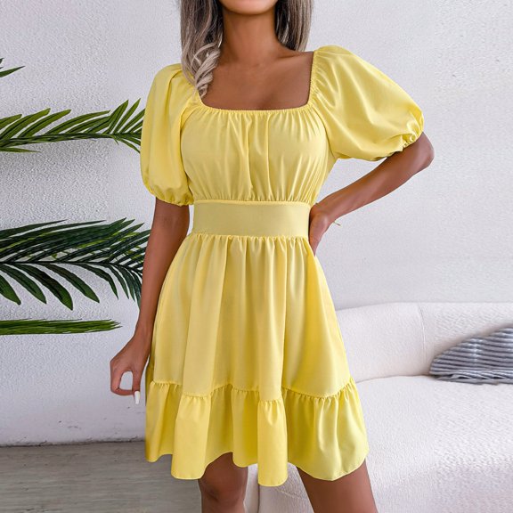 HIBRO Womens Square Neck Summer Dress Tie Back Short Sleeve Ruffle A Line Casual Mini Dress