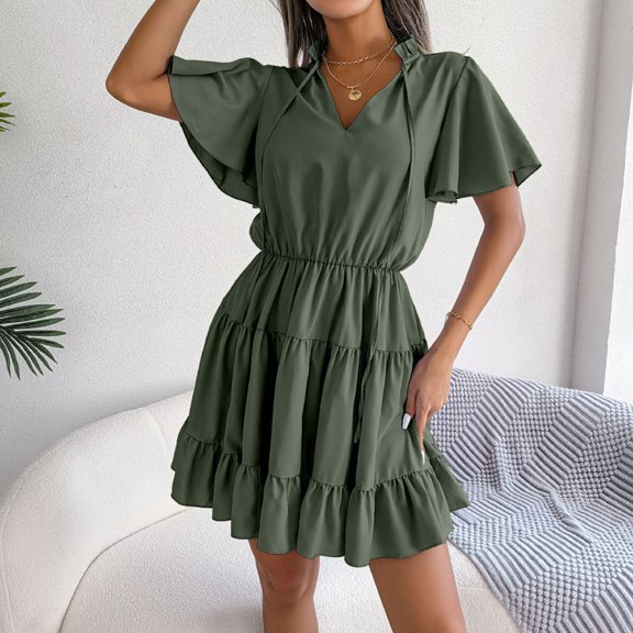 HIBRO Womens Summer Swing Mini Dress Tie Front V Neck Short Sleeve Ruffle Layer Short Dress