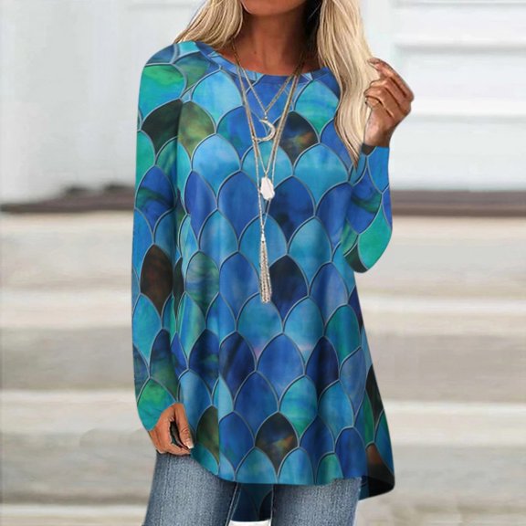 HIBRO Womens Tunics Shirts Tops Long Sleeve Casual Round Neck Soft Geometric Print Tunic T Shirt Blouse