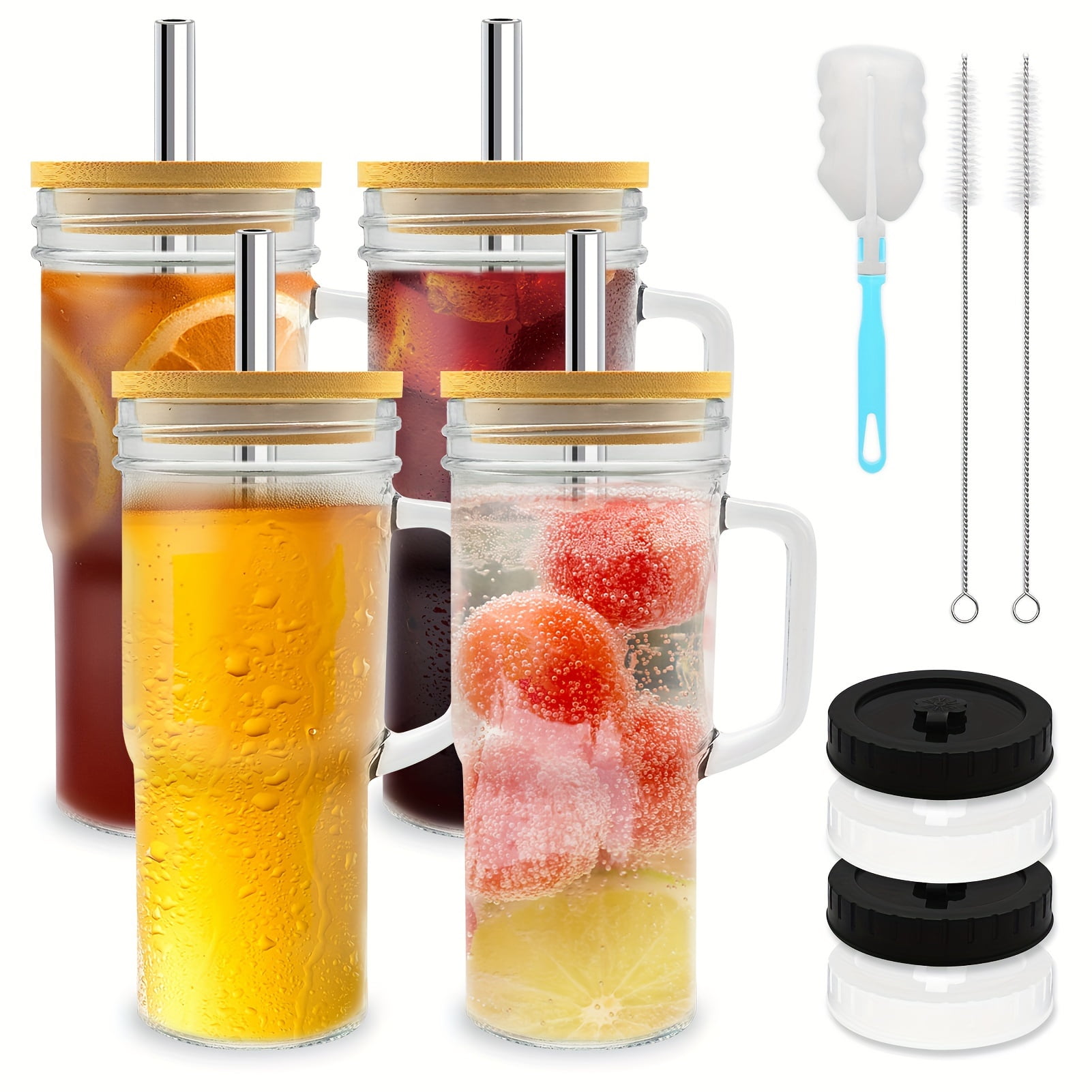 HIC 4Pack 24oz Glass Tumbler Cups with Handle Bamboo Lids Sealed Lids