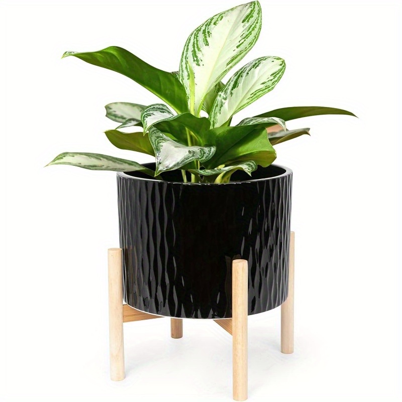 HIC Ceramic Plant Pot with Stand 10 Inch Planter with Wood Shelf Modern
