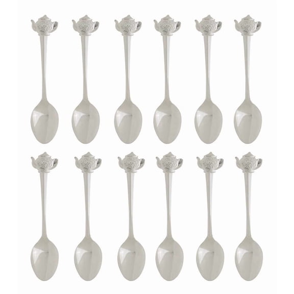Fino Demi Spoon, Silver-Plated Stainless Steel, Teapot Design, For Everyday Coffee, Desserts, Entertaining, and Holiday Dining, Set Of 12