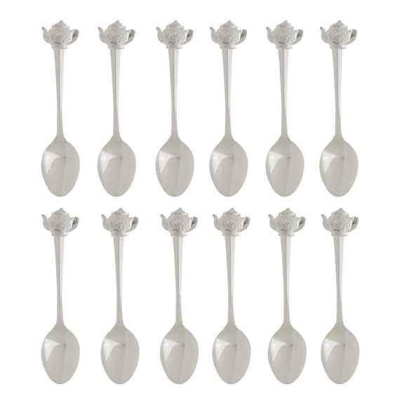 Fino Demi Spoon, Silver-Plated Stainless Steel, Teapot Design, For Everyday Coffee, Desserts, Entertaining, and Holiday Dining, Set Of 12