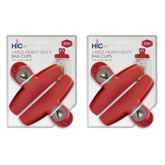 HIC Kitchen Large Heavy-Duty Clips, Soft-Grip Handles, 2 Sets of 2 Clips, Red