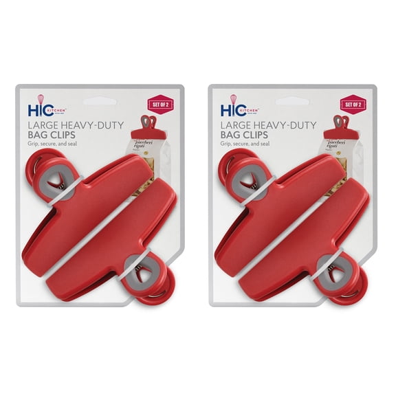 HIC Kitchen Large Heavy-Duty Clips, Soft-Grip Handles, Set Of 4, Red, For Sealing Food Bags, Snacks, Coffee, Pet Food, Freezer Storage, And Office Organization