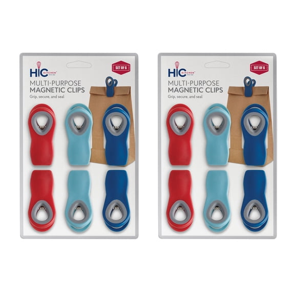 HIC Kitchen Multi-Purpose Magnetic Clips, Soft-Grip Handles, 2 Sets of 6 Clips, 4 each Turquoise, Red, and Navy