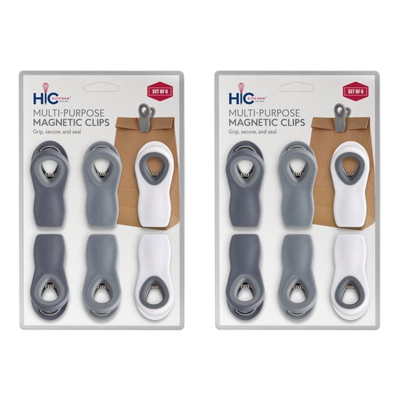 HIC Kitchen Multi-Purpose Magnetic Clips, Soft-Grip Handles, 2 Sets of 6 Clips, 4 each White, Grey, and Charcoal