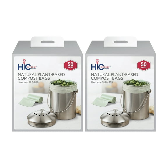 HIC Kitchen Natural Plant-Based Compost Bags, Biodegradable, BPI ASTM D6400, OK and Home OK Compostable, 2 Sets of 50
