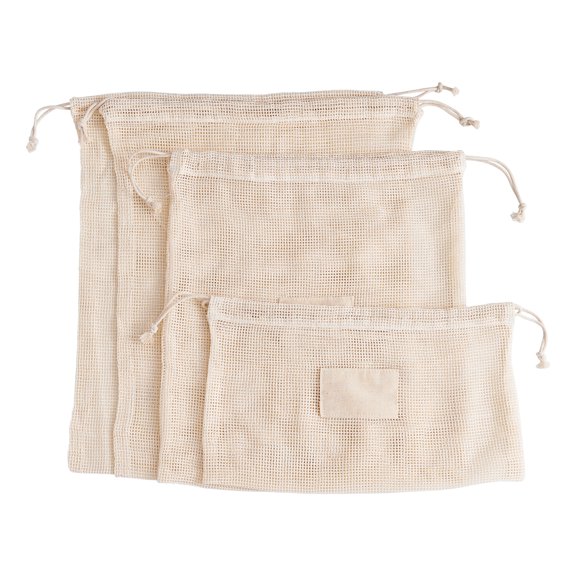 HIC Kitchen Reusable Produce Bags with Drawstring Closure, Unbleached Organic Cotton Mesh, 2 Sets of 4 plus Storage Bag
