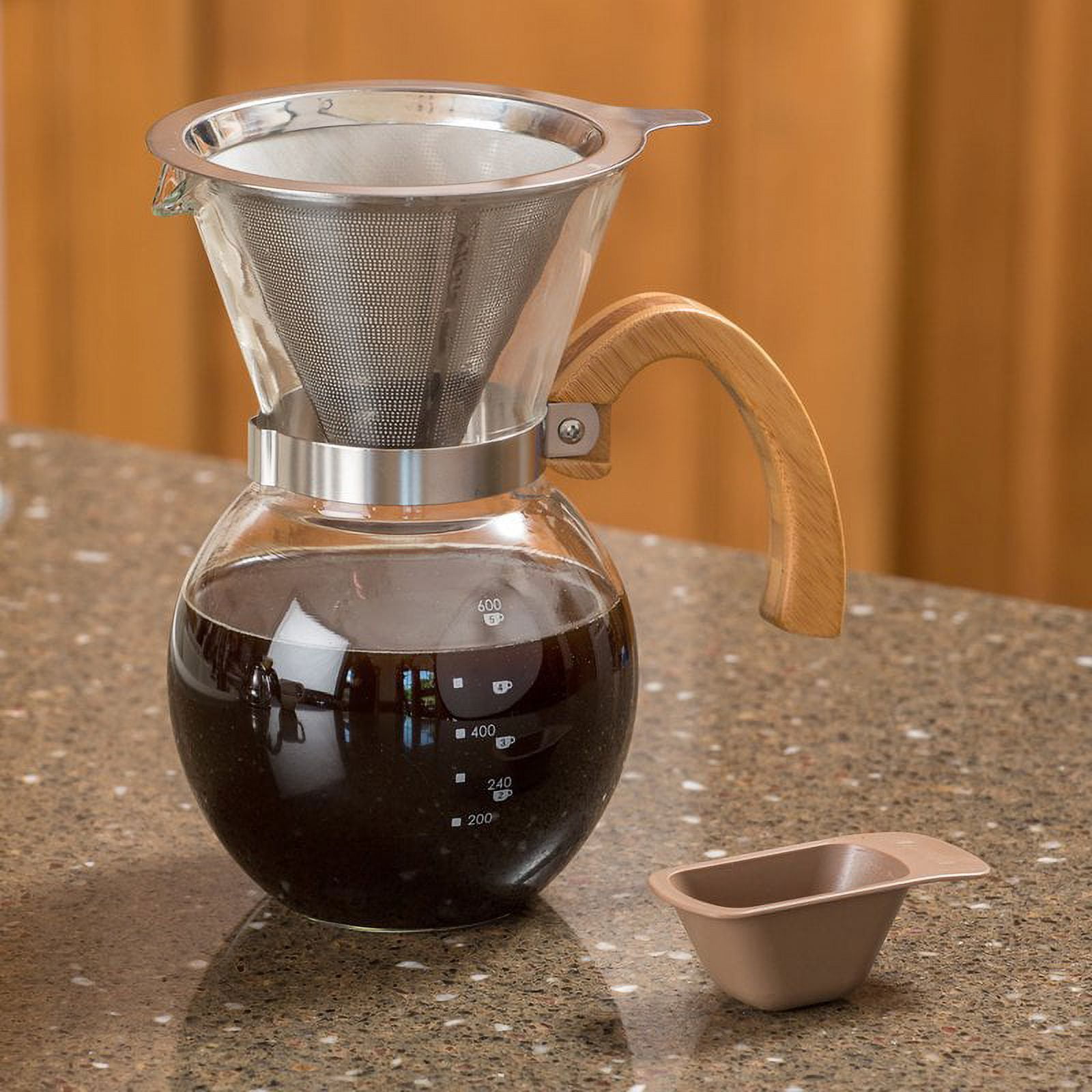 KAVAKO Pour Over Coffee Maker Set with Double-Layer Stainless Steel Filter,  Cork Lid, and Leather Collar 37oz (7 cups) 