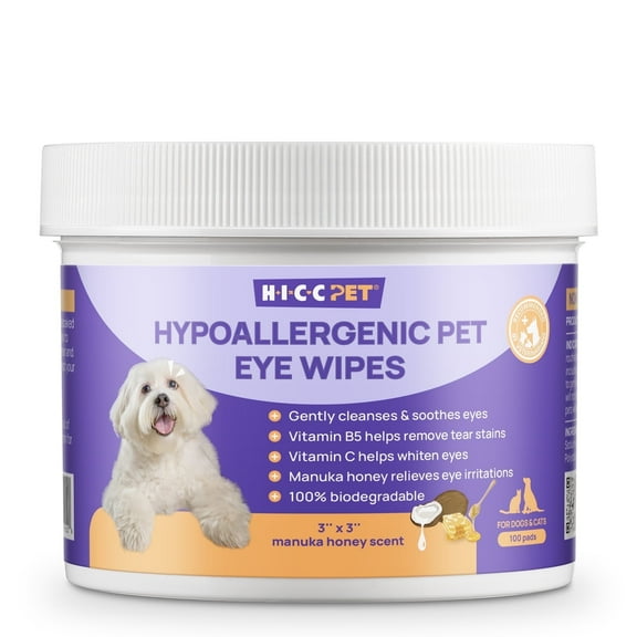 HICC Pet Hypoallergenic Pet Eye Wipes with Manuka Honey for Dogs and Cats - 100 Count - Cleansing and Moisturizing