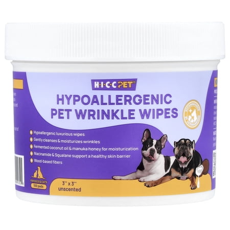 HICC Pet Hypoallergenic Pet Wrinkle Wipes, For Dogs & Cats, Unscented, 100 Pads