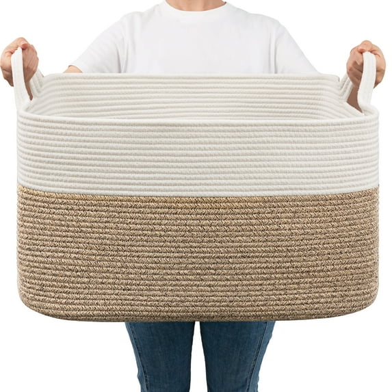 HICHEN Large Woven Blanket Basket, 21.6" x 14.9" x 11.8" Storage Organizer for Laundry, Blankets, Toys, Rectangle Rope Basket for Living Room, Bedroom, White & Brown