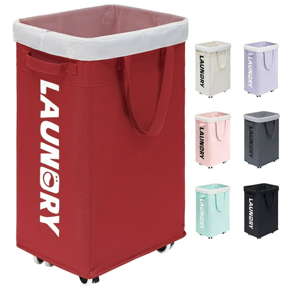 HICHEN Laundry Basket with Wheels,75L Large Roolling Laundry Basket with Removable Wash Bag, Clothes Hamper with Wheels for Laundry Room, Red