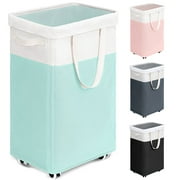 HICHEN Laundry Basket with Wheels, 75L Tall Clothes Hamper, Large Laundry Basket with Removable Wash Bag for Corner Dorm, Rolling Hamper, Blue&White