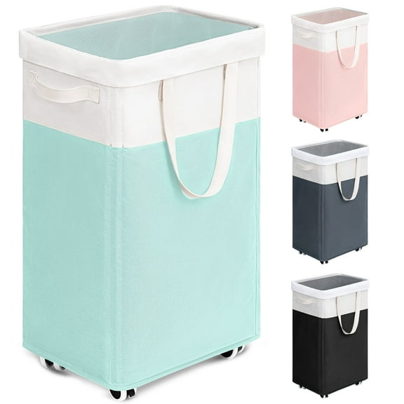 HICHEN Laundry Basket with Wheels, 75L Tall Clothes Hamper, Large Laundry Basket with Removable Wash Bag for Corner Dorm, Rolling Hamper, Blue&White