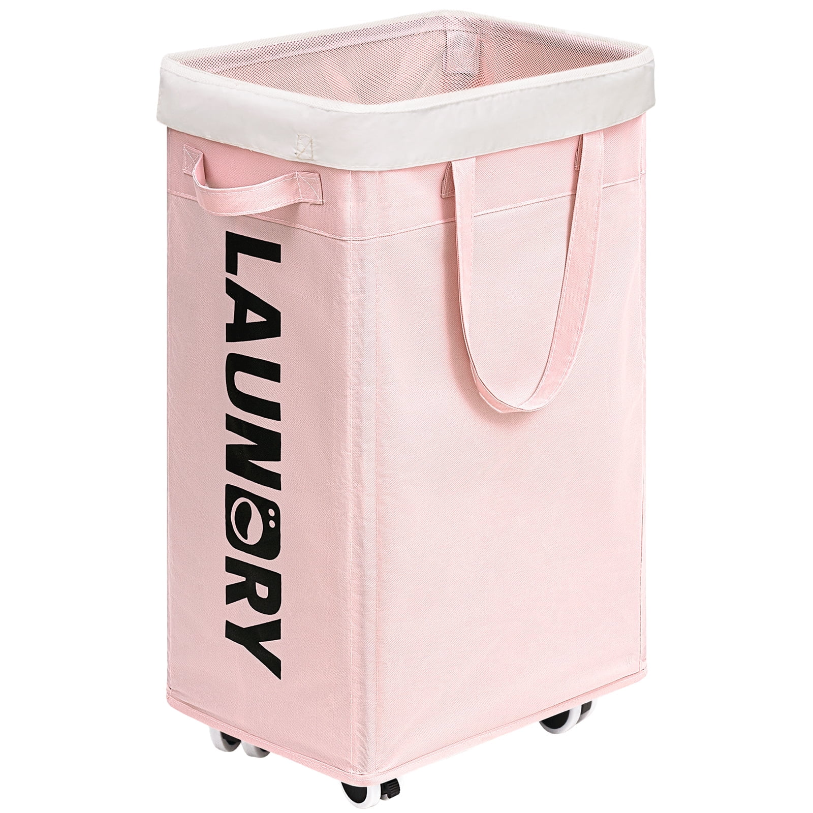 HICHEN  Laundry Hamper with Wheels,75L Laundry Basket with Removable Wash Bag on Wheels, Collapsible Rolling Laundry Hamper, Foldable Clothes Organizer, Folding Washing Bin（Pink)