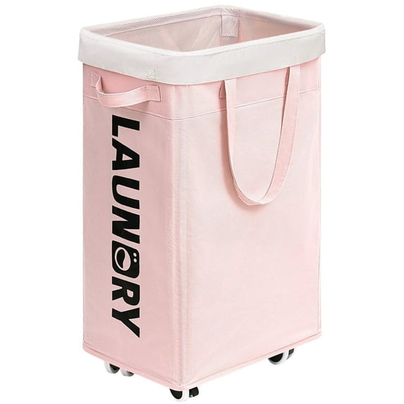 HICHEN Laundry Hamper with Wheels,75L Laundry Basket with Removable Wash Bag on Wheels, Collapsible Rolling Laundry Hamper, Foldable Clothes Organizer, Folding Washing Bin(Pink)