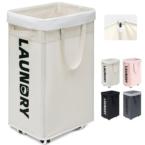 HICHEN Laundry Hamper with Wheels,75L Laundry Basket with Removable Wash Bag on Wheels, Collapsible Rolling Laundry Hamper, Foldable Clothes Organizer, Folding Washing Bin(White)