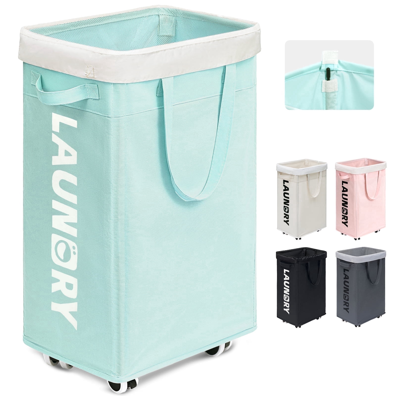 HICHEN Rolling Laundry Basket with Wheels,75L Large Collapsible Laundry Hamper with Removable Wash Bag Space for living room, Blue