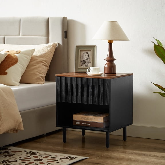 HICOMILA 2 Set Nightstands with Grille Striped Doors, Mid Century Modern Nightstand, Bedside Table with Slatted Drawer Decor, End Tables Bedroom with Metal Legs, Night Stand for Bedroom 