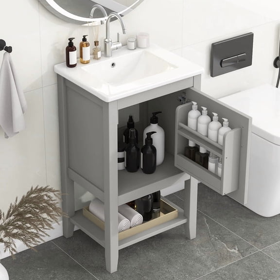 HICOMILA 20" Small Bathroom Vanity with Sink Combo, Freestanding Vanity Cabinet with Soft Closing Door, Storage Rack, Open Shelf, Grey